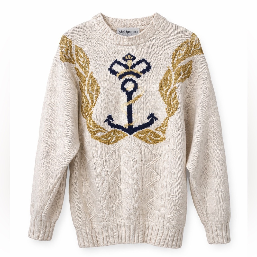 Melbourne HAND KNIT Medium Cozy Cream and Gold Nautical Crew Neck Sweater